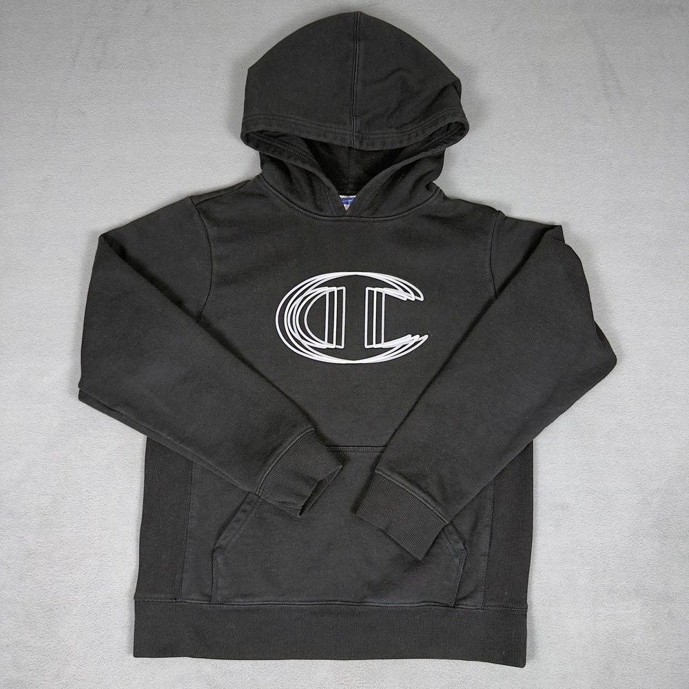 Champion Mens L Pullover Hoodie Black Triple Logo Graphic Reverse Weave